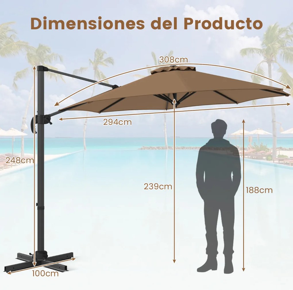 Guarda-sol redondo jardim 294 x 247 cm Guarda-sol suspenso com rotação de 360° Base cruzada 5 inclinações ajustáveis Castanho