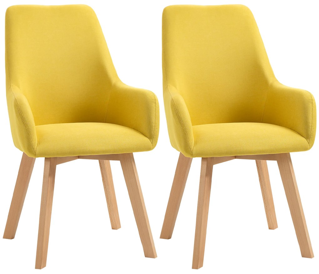 HOMCOM Conjunto de 2 Cadeiras de Sala de Jantar Cadeiras de Sala de Jantar Estofada em Linho com Encosto Alto e Pés de Madeira de Borracha para Sala de Estar Escritório Carga Máxima 120kg 60x67,5x101cm Amarelo