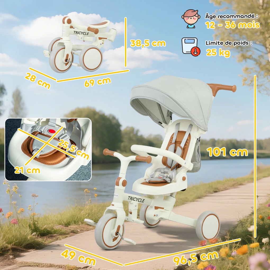 Triciclo evolutivo 5 em 1 para bebés, triciclo dobrável para crianças com pega ajustável e capota removível, para idades entre 1 e 3 anos, cor creme