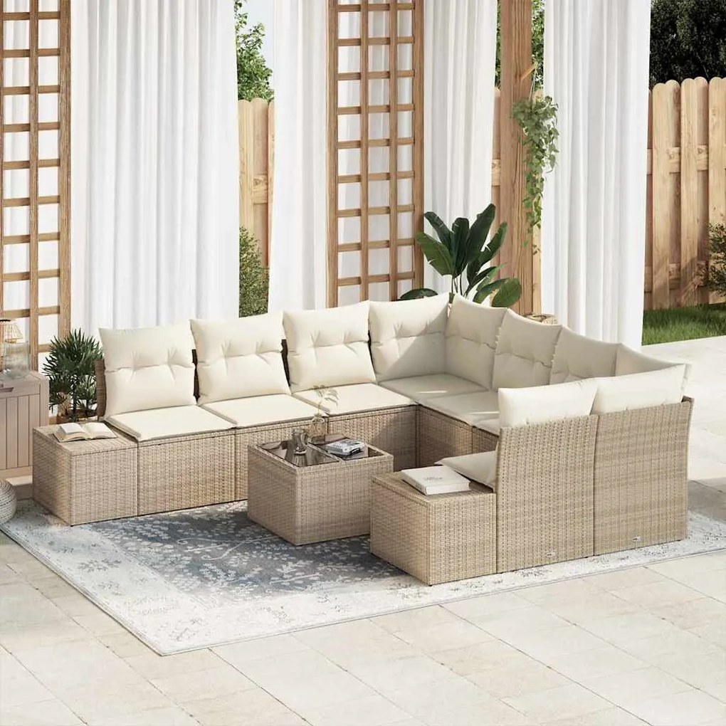vidaXL Conjunto de Sofá de Jardim com 9 Peças e Almofadas Bege em Rattan Sintético.