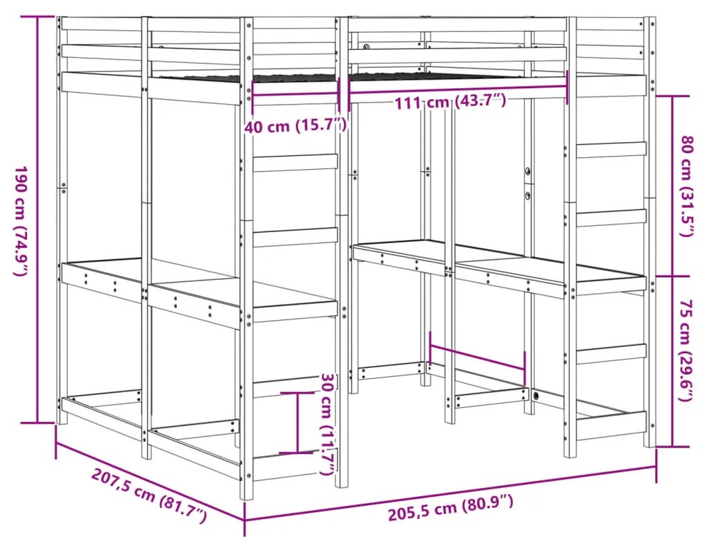 Cama alta c/ secretária e escada 200x200 cm pinho maciço branco