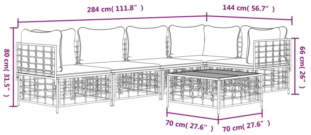 6 pcs conjunto lounge de jardim c/ almofadões vime PE antracite
