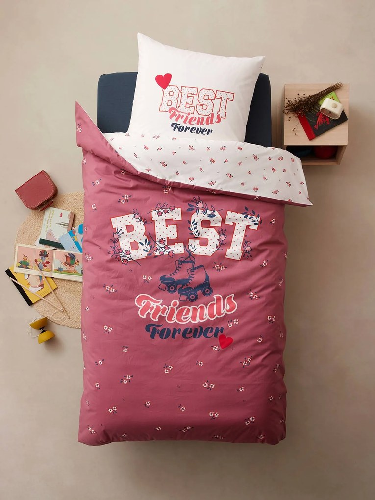 Conjunto capa de edredon + fronha de almofada para criança, BFF branco medio liso com motivo