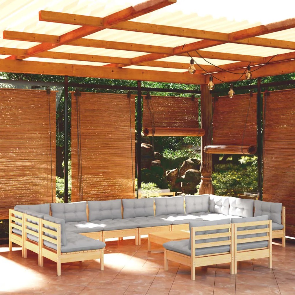 13pcs conjunto lounge de jardim + almofadões cinza pinho maciço