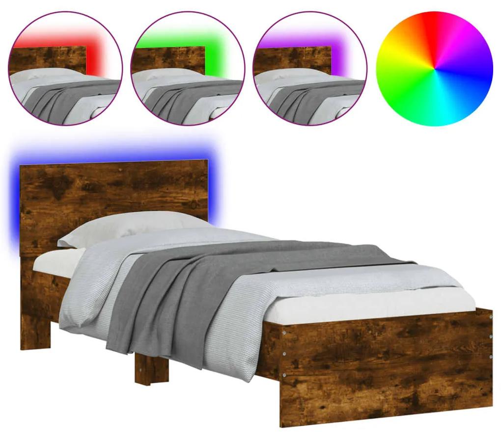 Estrutura cama c/ cabeceira/luzes LED 90x200 cm carvalho fumado