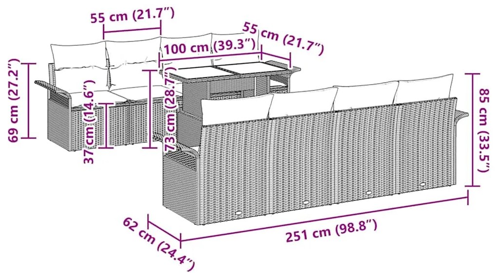 Conjunto de Sofá de Jardim com 7 Peças e Almofadas Bege em Rattan Sint