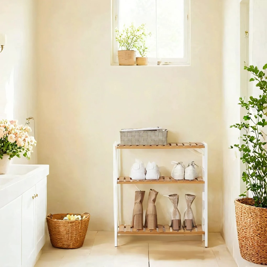 Sapateira com 3 níveis em bambu 60 x 26 x 66 cm, branco e cor bambu