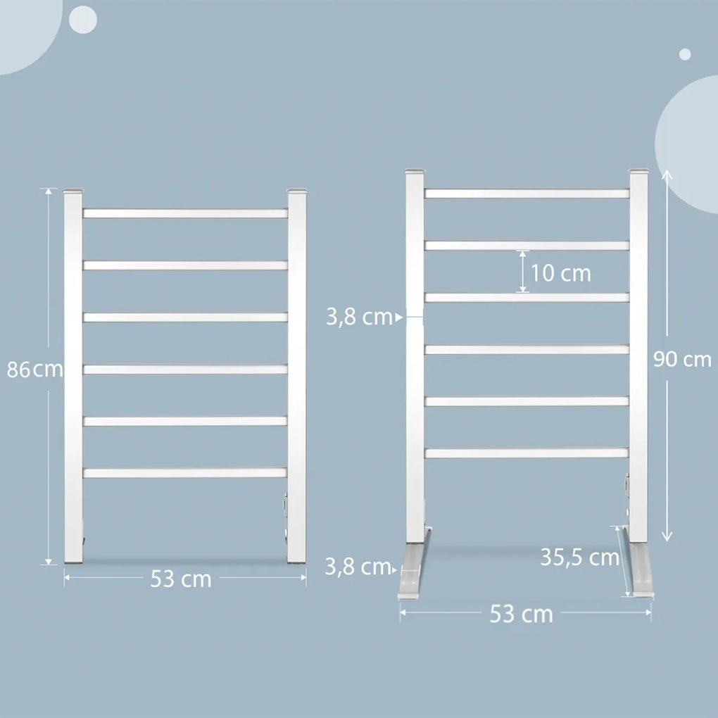 Toalheiro elétrico com 6 barras Aquecedor para aquecer e secar roupa e toalhas 2 em 1 Vertical e de parede 53 x 35 x 90 cm Prateado