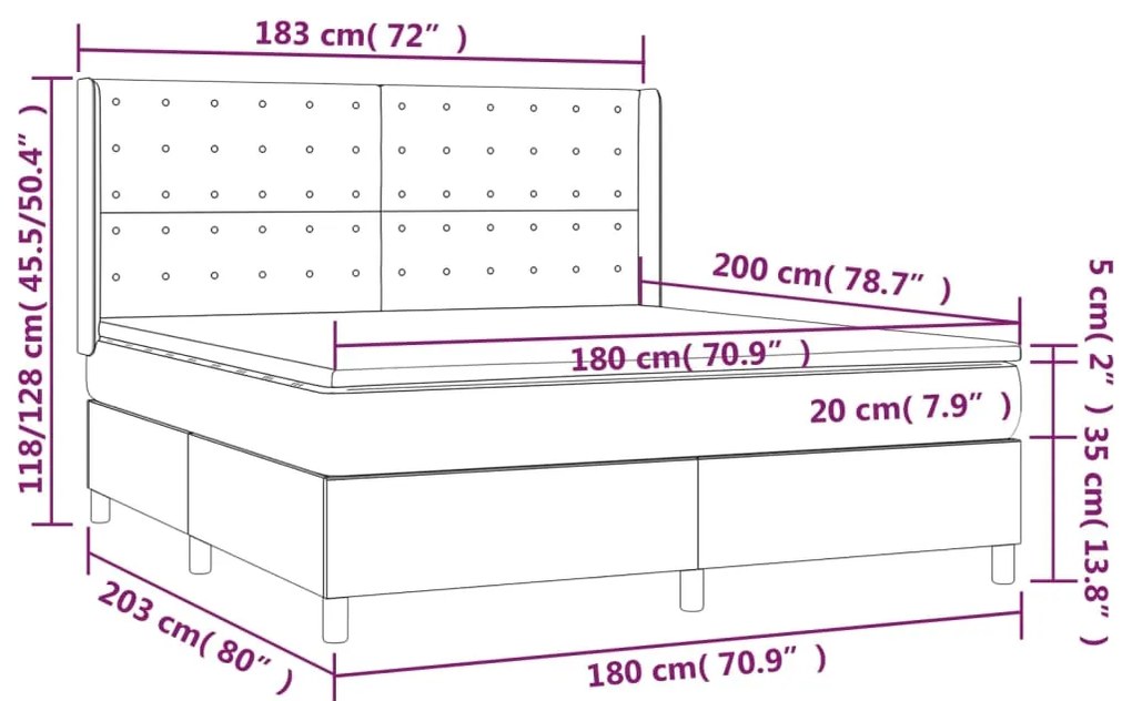 Cama box spring c/ colchão/LED 180x200cm couro artificial preto