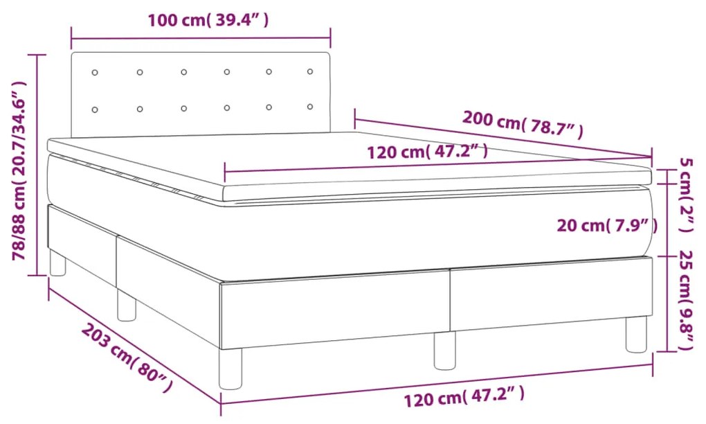 Cama box spring c/ colchão/LED 120x200 cm veludo cinzento-claro