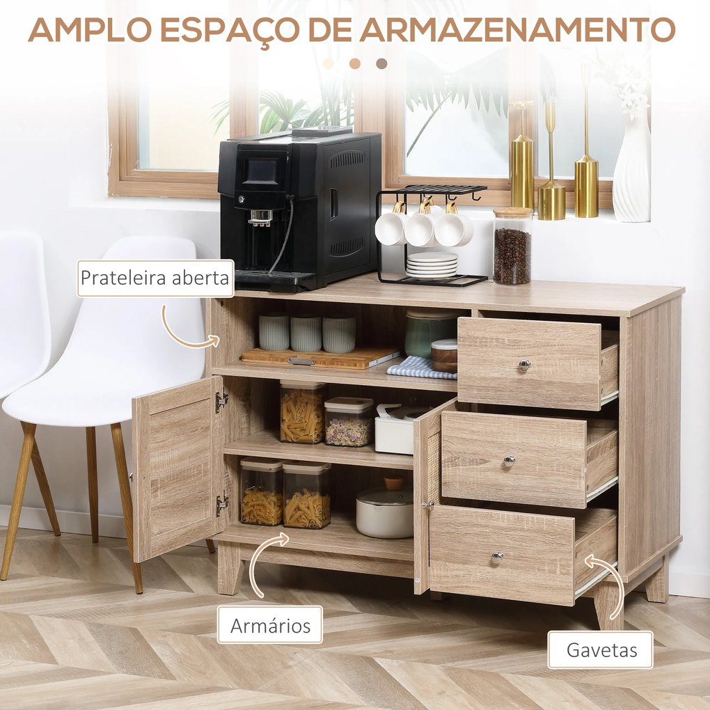 HOMCOM Aparador de Cozinha com 2 Portas de Vime 3 Gavetas e Prateleira Aberta Móvel Buffet Auxiliar para Sala de Jantar Anti-Tombo 110x40x76cm Carvalho