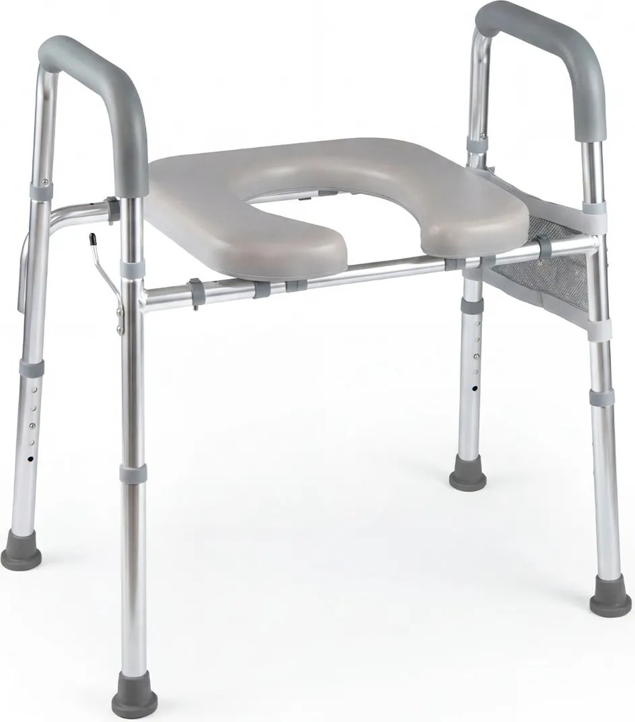 Assento elevatório para sanita para idosos e grávidas, com altura e largura ajustáveis, apoios de braços almofadados e bolso, estrutura em alumínio Pr