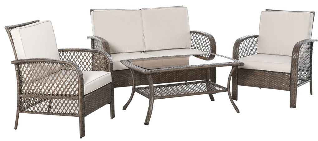 Outsunny Conjunto de 4 móveis de jardim de vime PE Poltrona, sofá duplo e mesa de centro com almofadas laváveis para terraço ao ar livre, marrom e cáqui