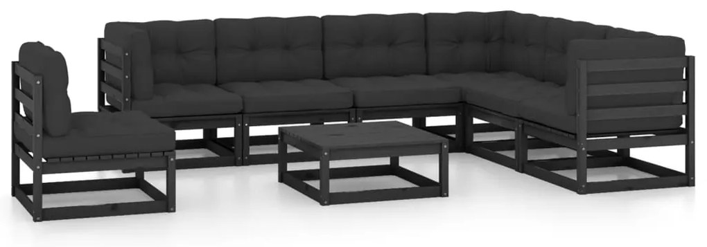 8 pcs conjunto lounge jardim c/ almofadões pinho maciço preto