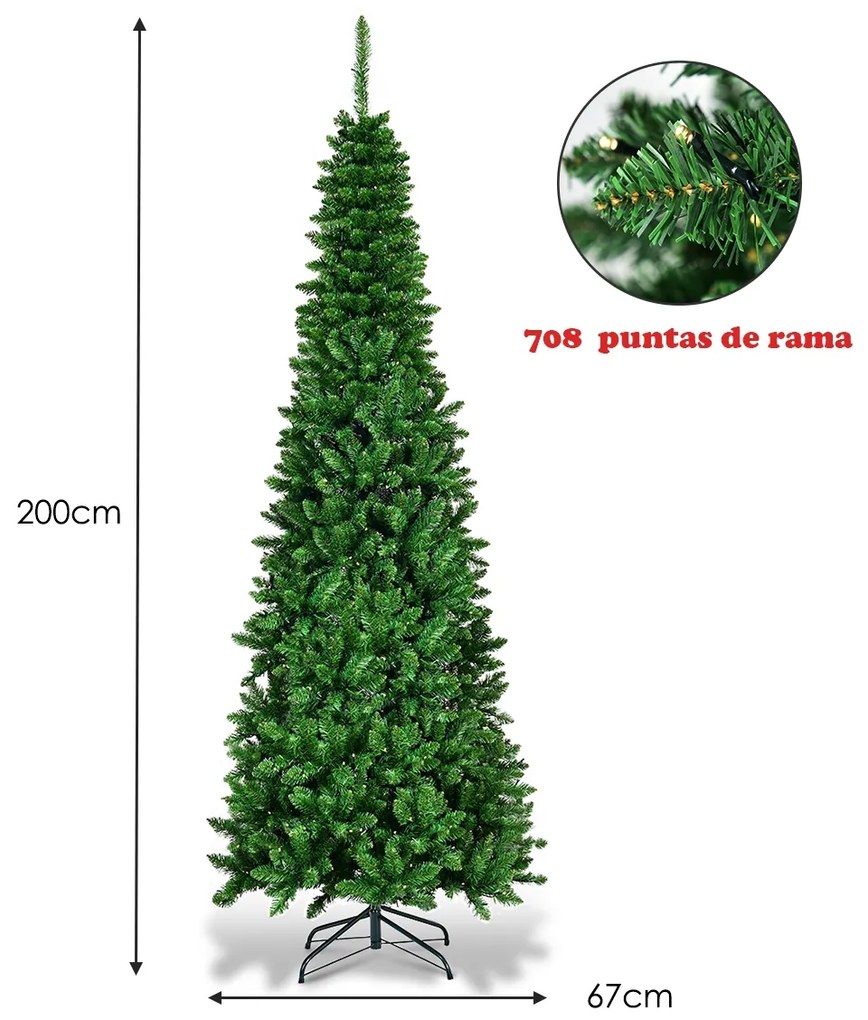 Árvore de Natal de 2 m, 708 ramos, base metálica sólida e luzes LED para casa, escritório, hotel Verde