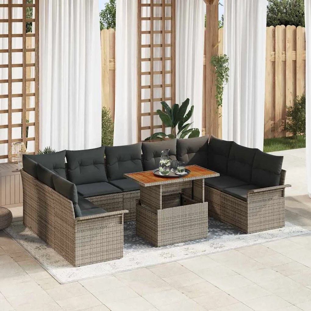 Conjunto de Sofá de Jardim da vidaXL de 10 Peças com Almofadas Cinza Rattan Polipropileno