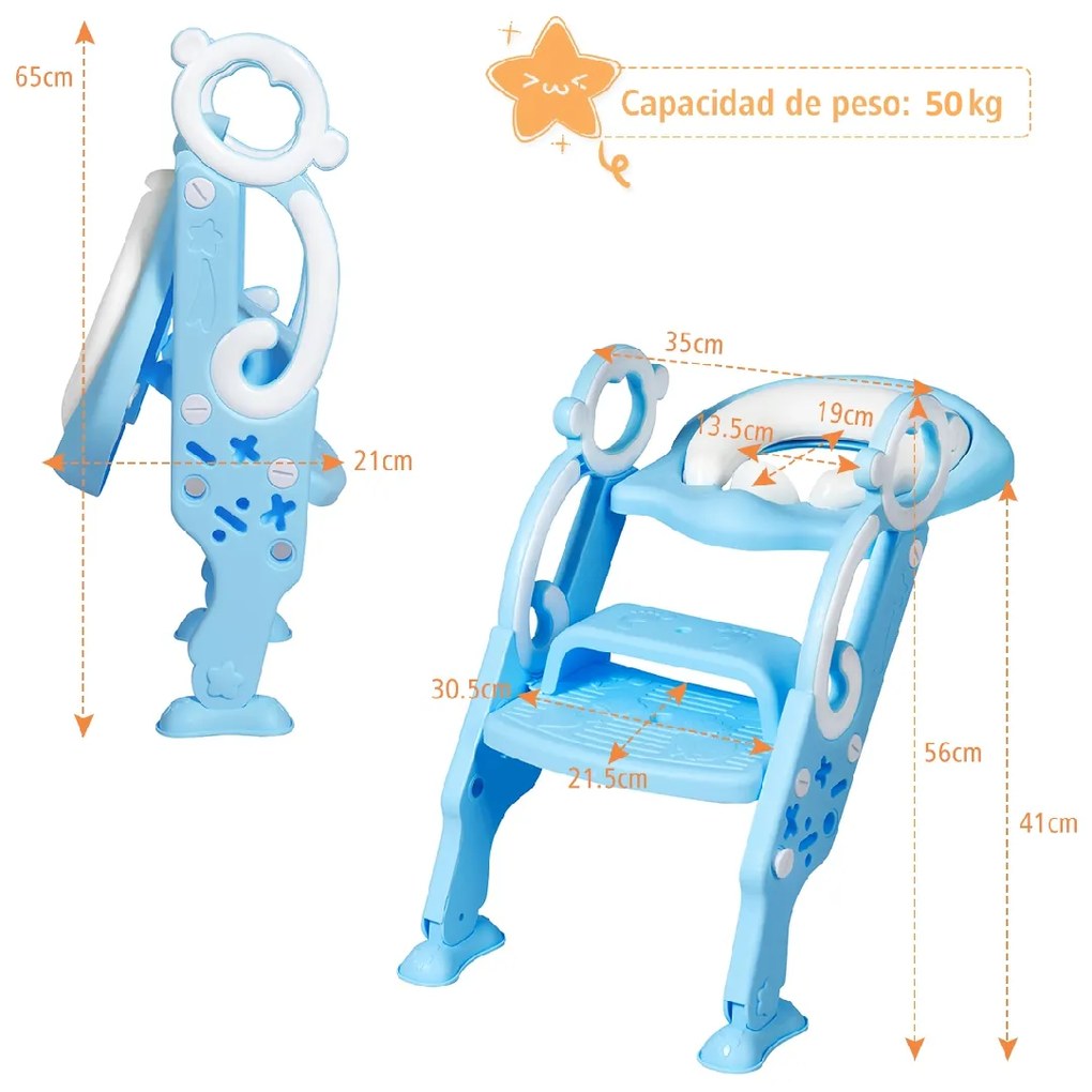 Escada de sanita bebés ajustável e banquinho dobrável Altura adequada 39-42 cm com escada com punhos Amortecedores Assento largo Degraus antiderrapant
