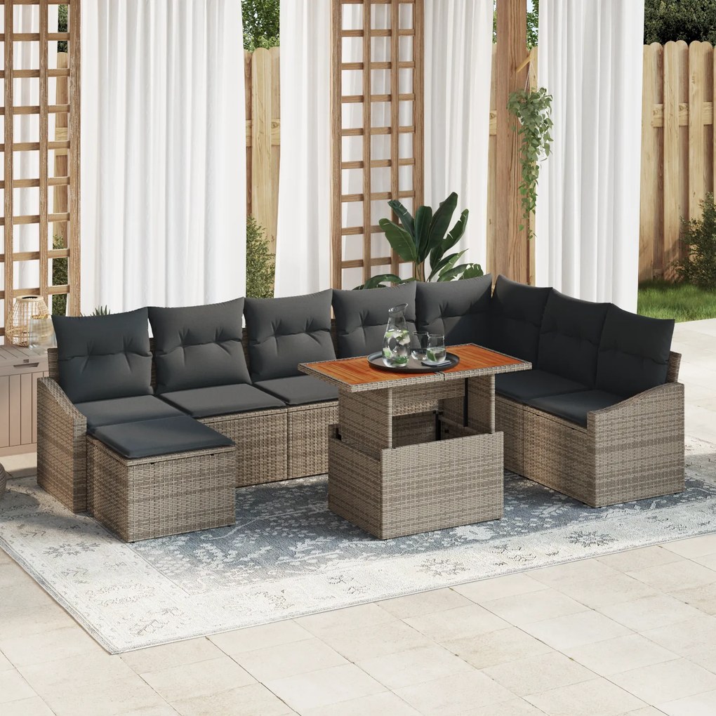 Conjunto de Sofá de Jardim 9 Peças com Almofadas Cinza Polirattan