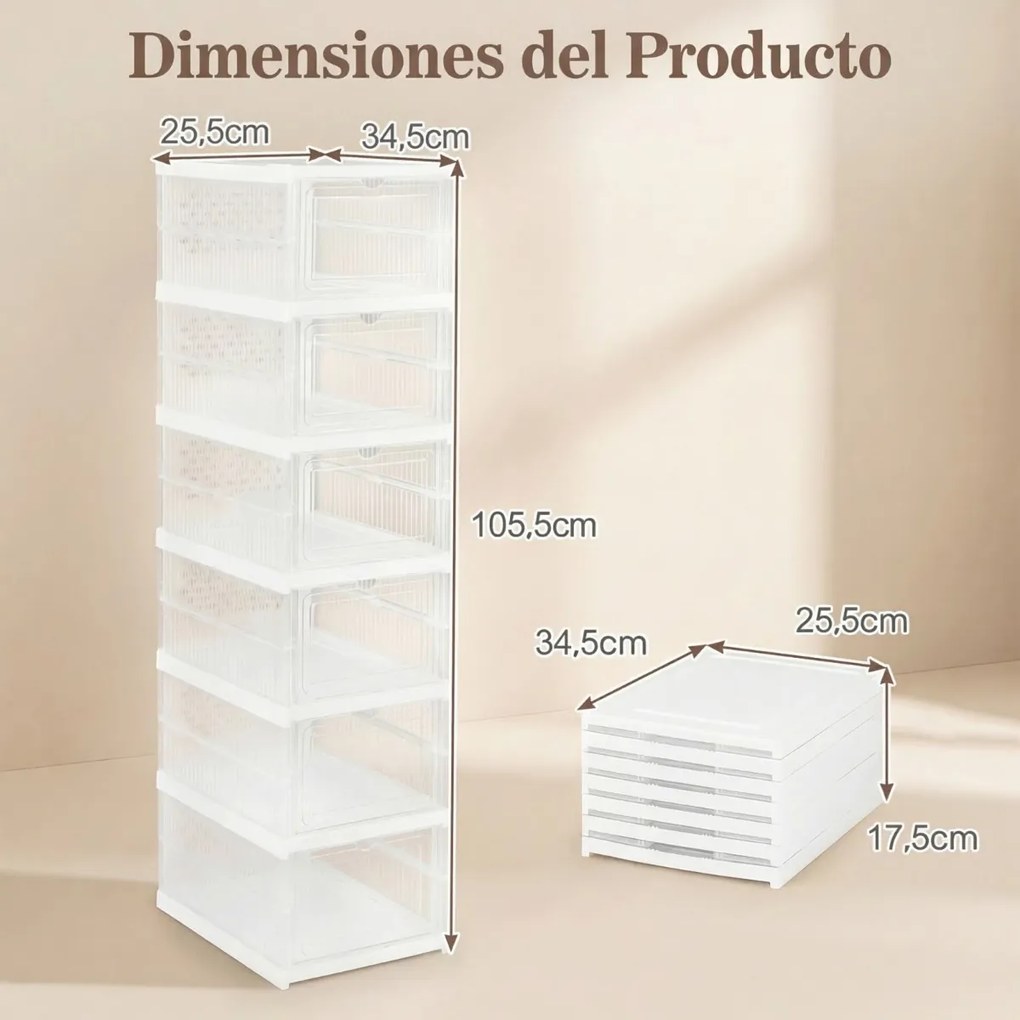 Caixas de sapatos dobráveis, 6 níveis, em plástico, com porta basculante, portáteis, para entrada, armário transparente + branco
