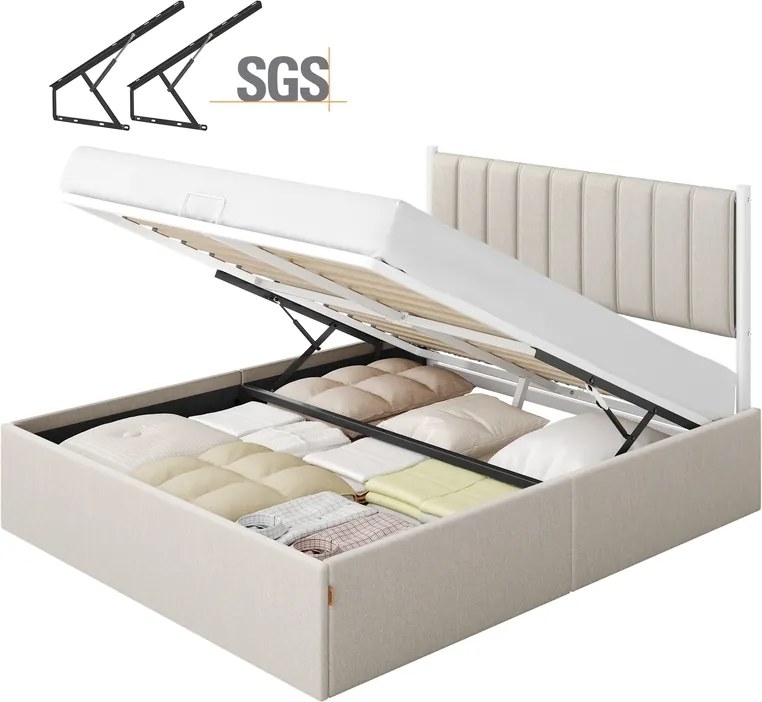 Estrutura de cama 160 x 200 cm (COLCHÃO NÃO INCLUIDO) com arrumação sob a cama; cabeceira em bege cappuccino