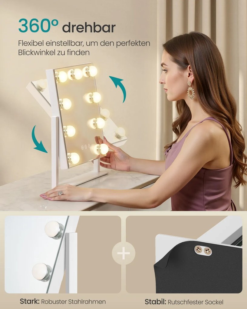 Espelho de maquilhagem com iluminação e 9 lâmpadas LED 6,5 x 30,5 x 36 cm branco