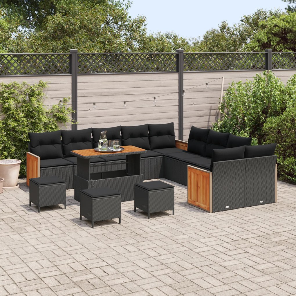 Conjunto de sofá de jardim vidaXL com 14 peças e almofadas Preto Vime