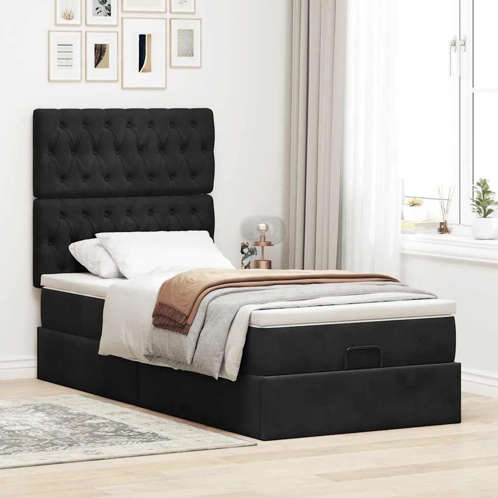 Estrutura de cama otomana com colchões preto 80x200cm veludo