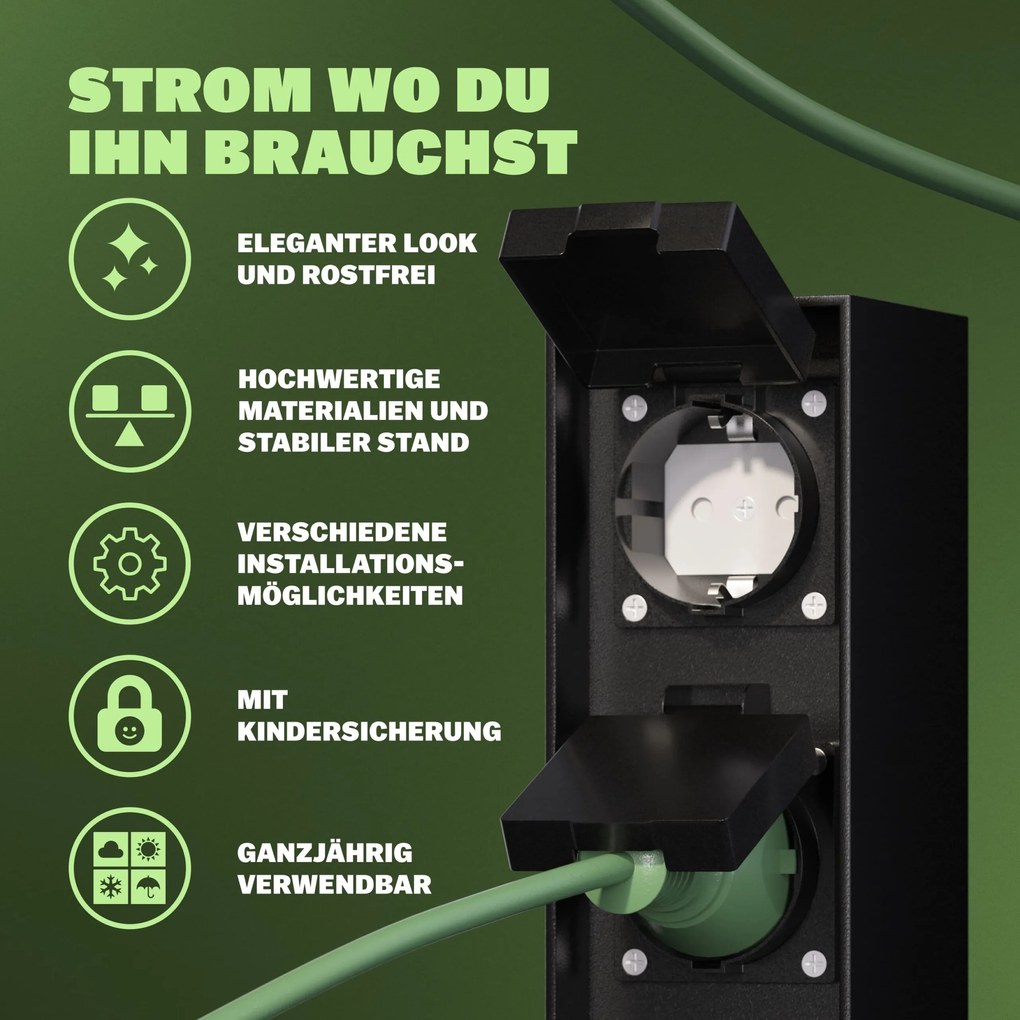Tomada de jardim com 2 pinos 23x7x7cm preta
