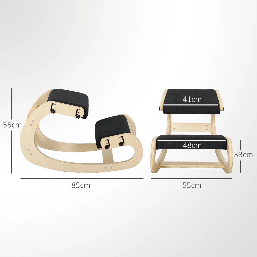 Cadeira de joelhos, cadeira ergonómica em madeira com função de balanço, cadeira de joelhos ajustável para escritório em casa preto