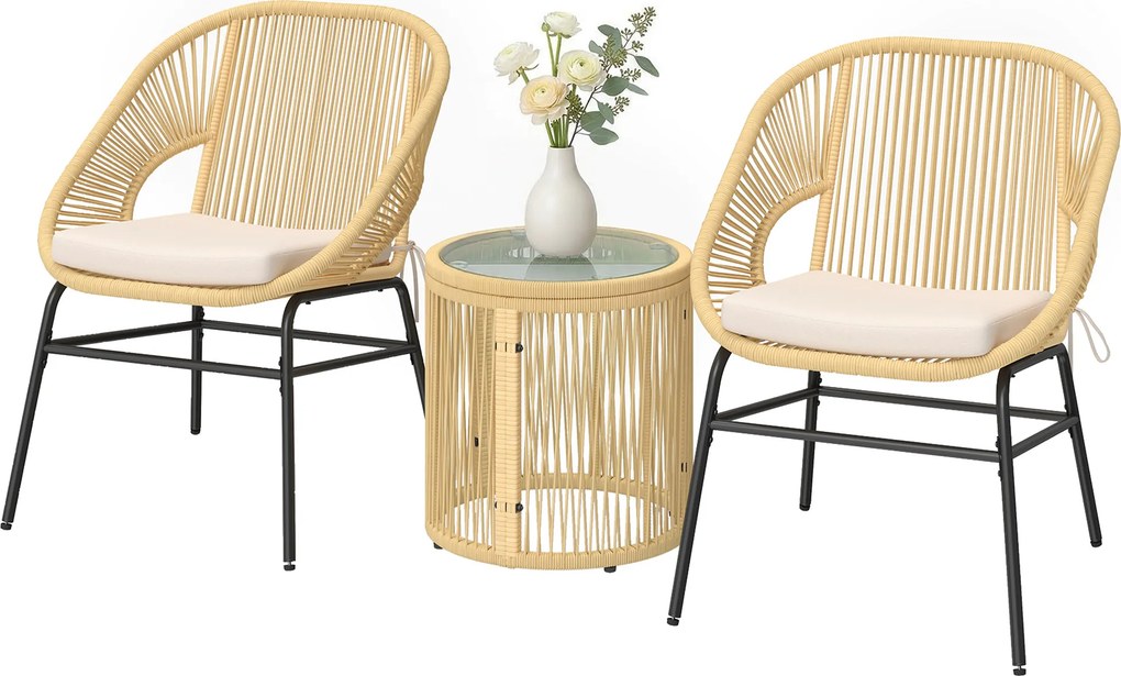 Conjunto de jardim, 3 peças: 2 poltronas confortáveis e mesa em vidro temperado, com almofadas com capas removíveis em bege