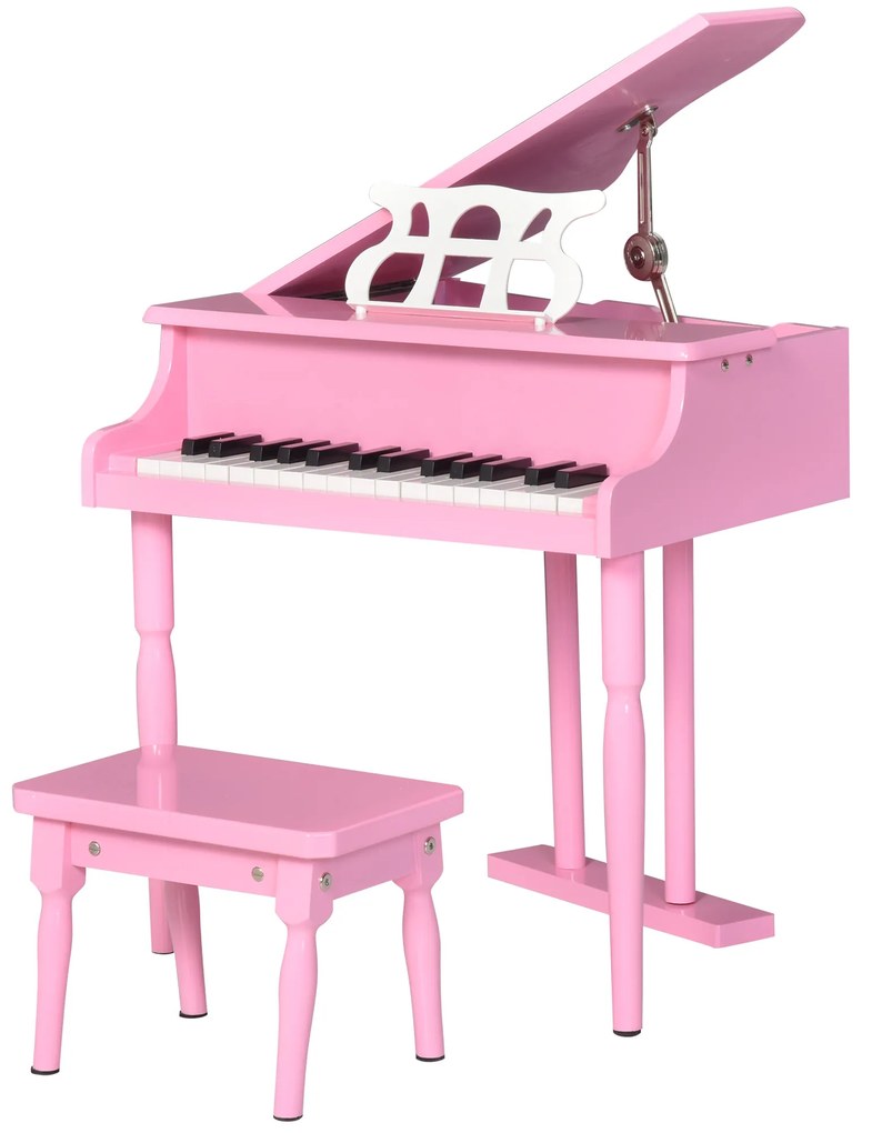 HOMCOM Piano de Cauda Infantil com 30 Teclas Banco Suporte de Partituras Piano para Crianças de MDF Instrumento Musical Educativo 52x50x49cm Rosa