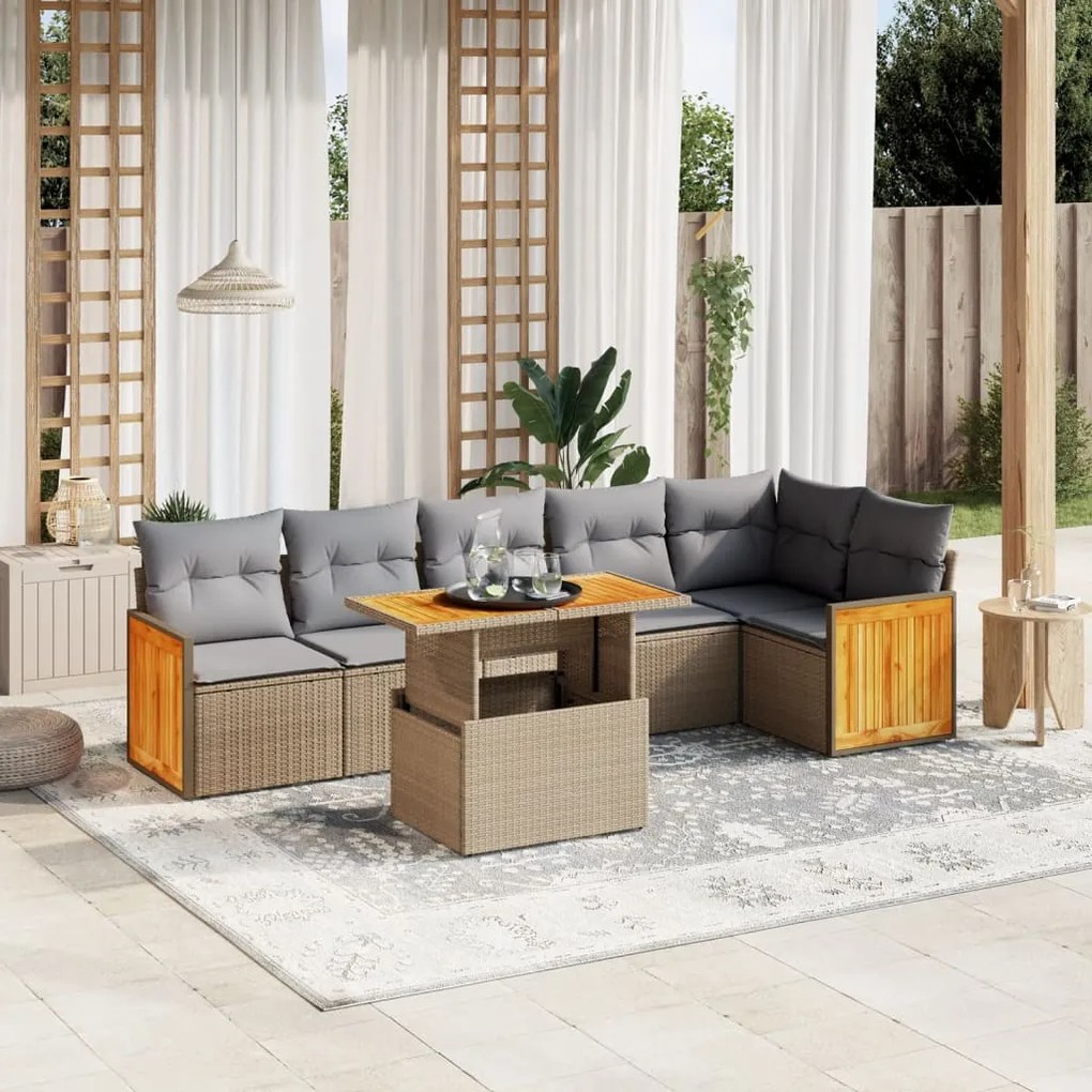 7 pcs conjunto de sofás p/ jardim com almofadões vime PE bege