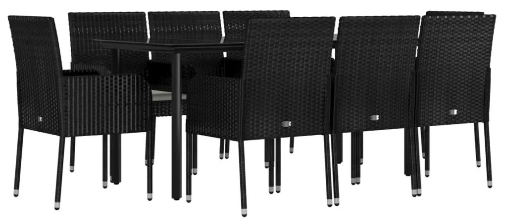 9 pcs conjunto de jantar p/ jardim c/ almofadões vime PE preto