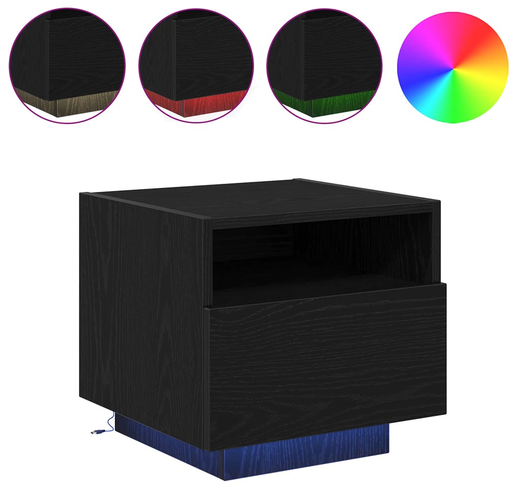 Mesa de Cabeceira vidaXL com Luzes LED Carvalho Preto 40x39x37 cm