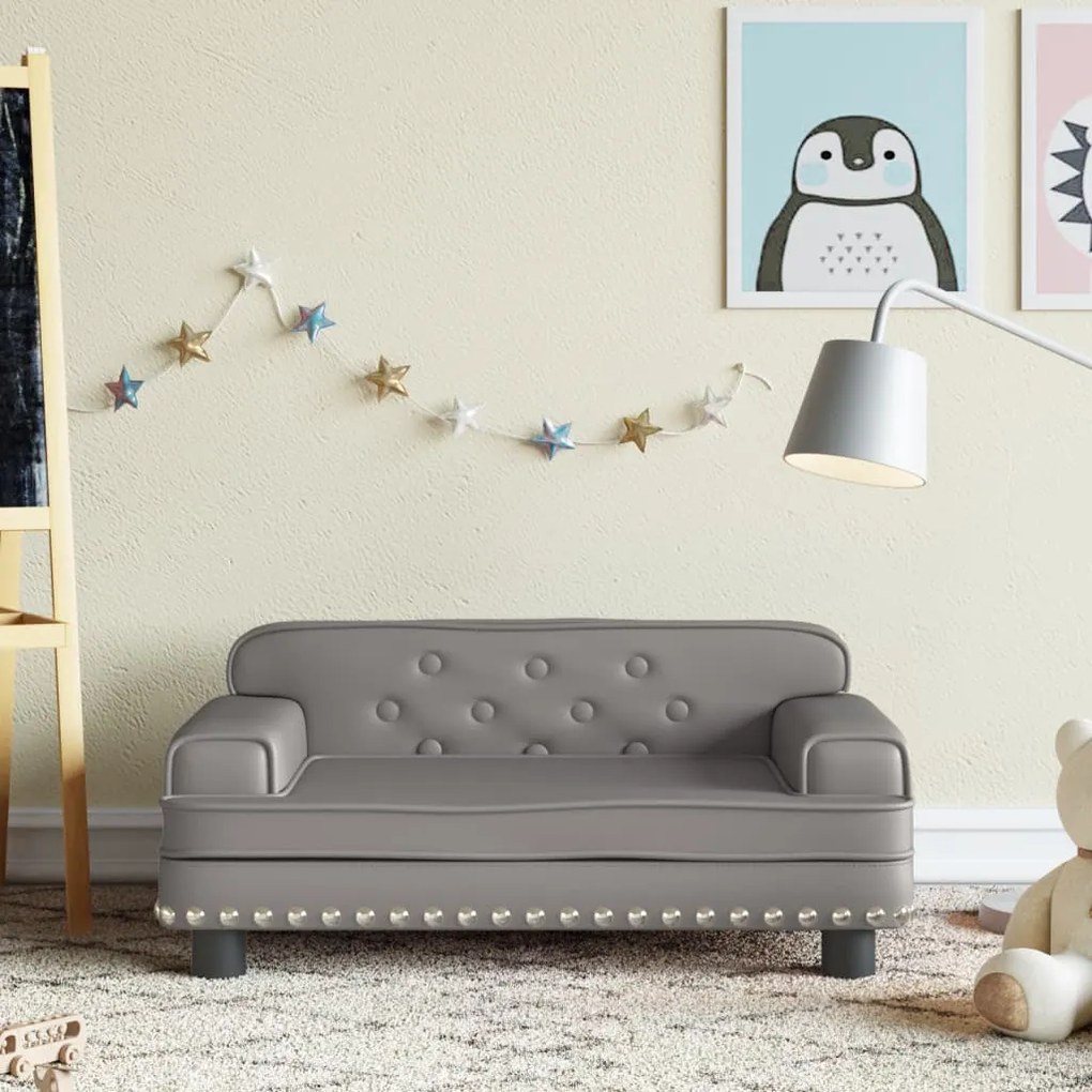 3196303 vidaXL Sofá infantil 70x45x30 cm couro artificial cinzento