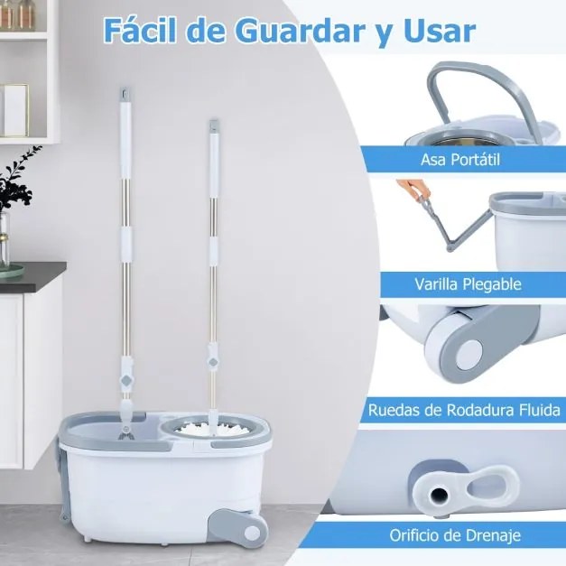 Conjunto de esfregona e balde para lavagem sem mãos com design de tanque duplo 1 esfregona retangular e 1 redonda com 2 almofadas de microfibra azuis