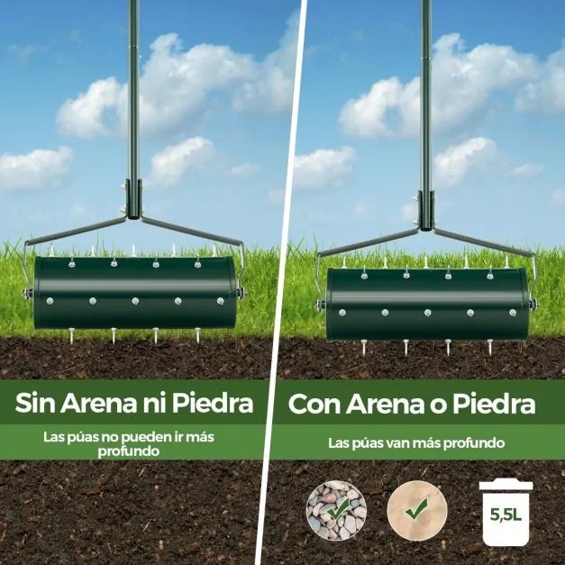 Rolo para relva com arejador de relva com rodas de 44 cm Cabo amovível de 128 cm e dentes para jardim e pátio Fácil de montar Verde