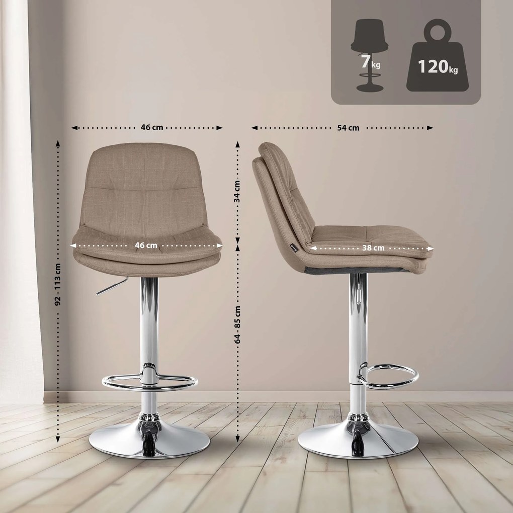 Banco de bar em tecido com estrutura prateada 92-113 x 46 x 54 cm castanho acizentado