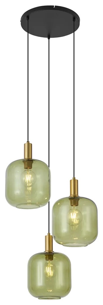 Candeeiro suspenso Hotel Chic preto com dourado e vidro verde 3-luzes - Zuzanna