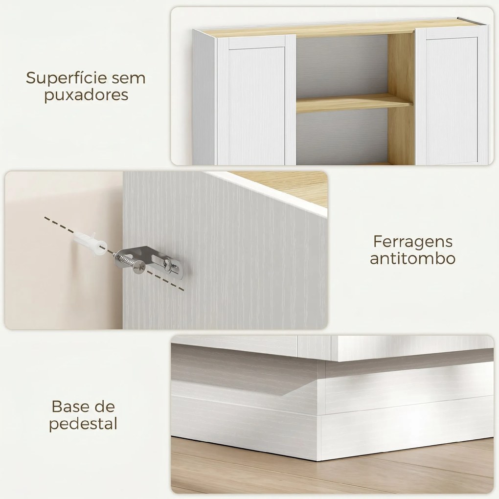 Aparador Moderno com 2 Prateleiras Abertas e 2 Portas de Fecho Suave para Sala de Jantar e Sala de Estar 133x35x79,7 cm Natural e Branco