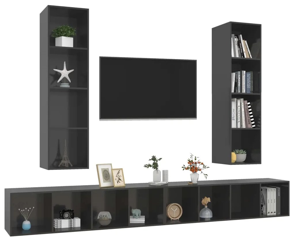 Armários de parede TV 4 pcs derivados madeira cinza brilhante