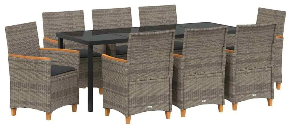 Conjunto de Jantar de Jardim com 9 Peças e Almofadas Cinza em Rattan S