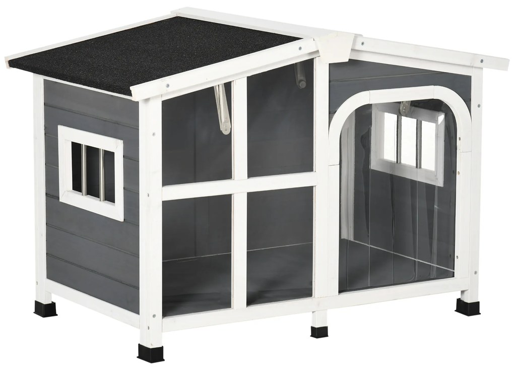 Casa para Cães de Madeira 101x66,5x70,5cm Casa para Animais de Estimação com Teto Abatível Frontal de Acrílico Porta com Cortina e Fundo Amovível Cinz