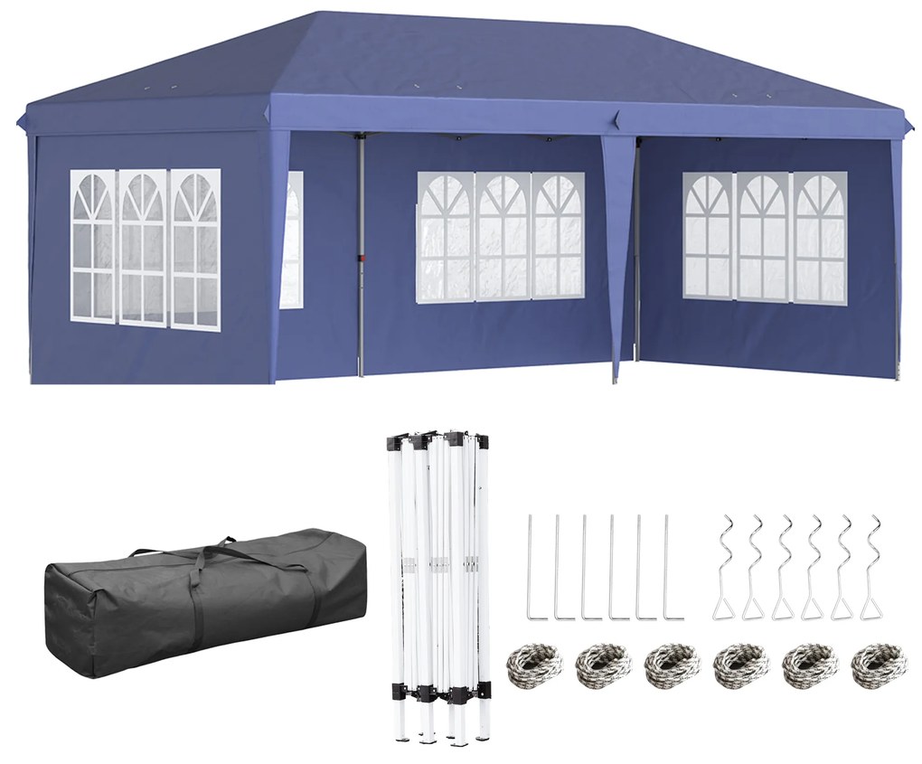 Outsunny Tenda Dobrável 6x3 m Tenda de Jardim para Festas e Eventos com 4 Paredes Laterais Amovíveis 4 Janelas e Bolsa de Transporte Azul | AOSOM Portugal