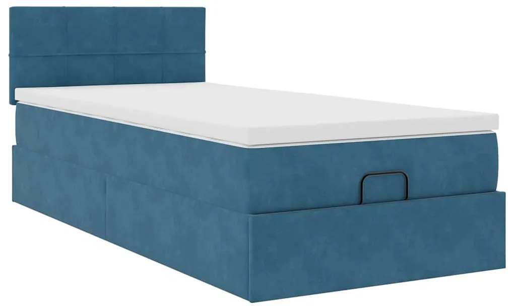 Estrutura cama otomana com colchão azul escuro 90x190cm veludo