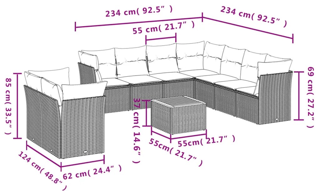 10 pcs conjunto sofás de jardim c/ almofadões vime PE preto