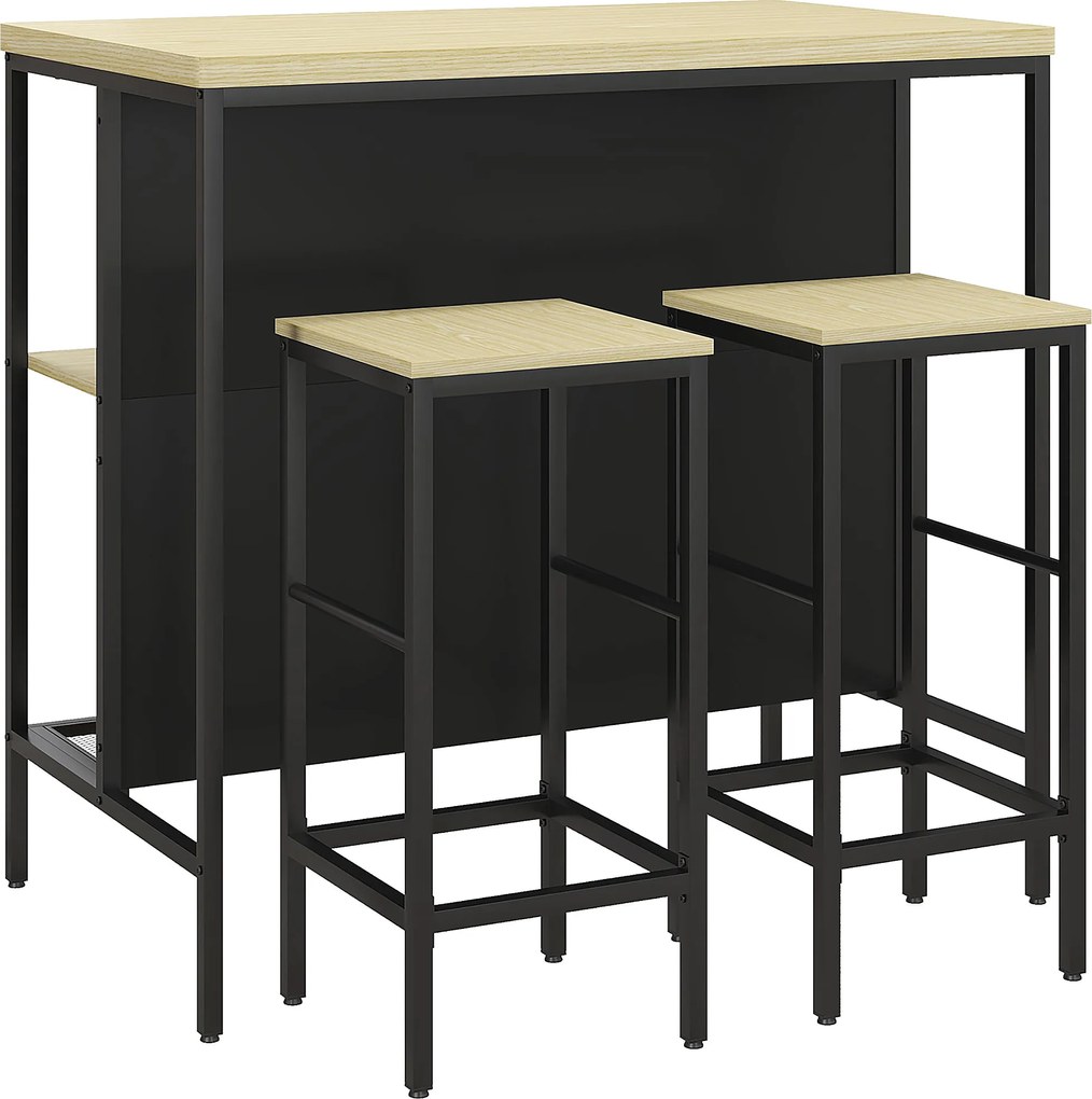 HOMCOM Conjunto Mesa de Bar Industrial 2 Banquetas e Prateleira Metal 100x60x95 cm Cor Madeira | Aosom Portugal