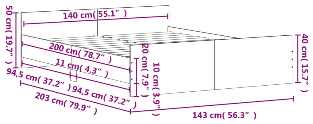 Estrutura de Cama Moona - 140x200 cm - Cinzento - Design Moderno