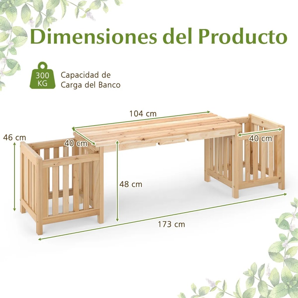 Banco de jardim 2 em 1 com 2 vasos 173 x 40 x 48 cm com design com ranhuras para fácil montagem para varanda ou jardim Natural