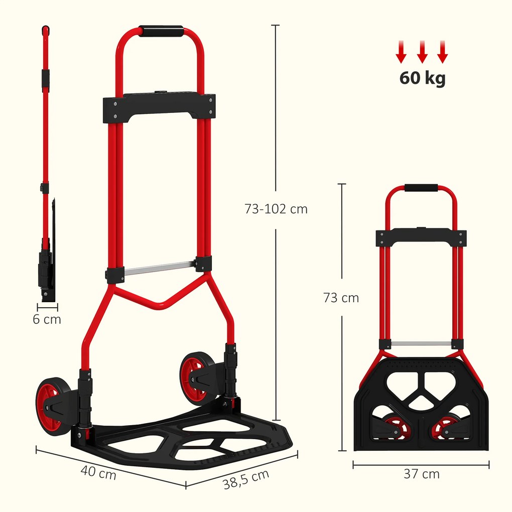 Carrinho de Carga Dobrável com Pega Telescópica Ajustável, 60 kg, com Rodas, para Garagem e Escritório, Vermelho